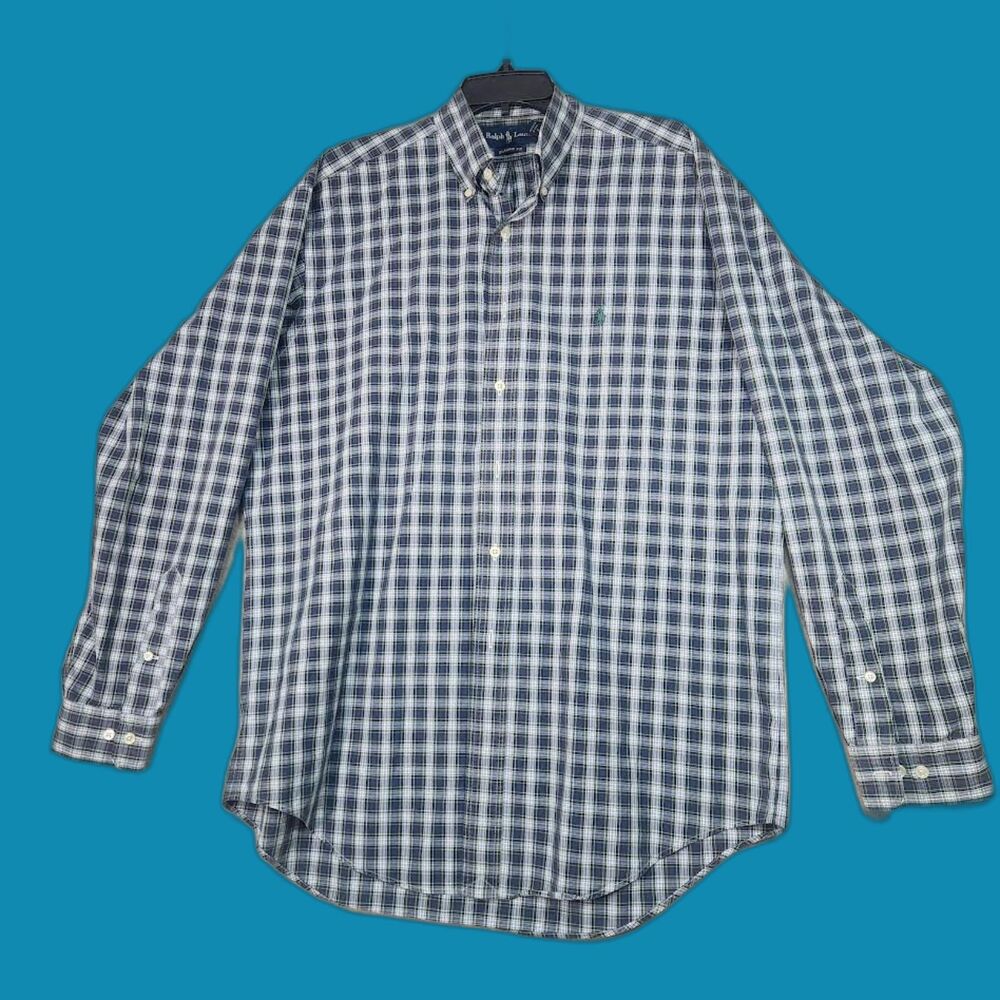 Ralph Lauren Classic Men's Button-Down Blue Plaid Shirt Size 16 Large
